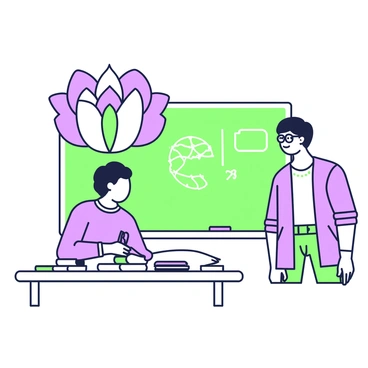 A teacher is observing a student sitting at a desk, surrounded by open books and writing materials. The student is focused, with a look of determination on their face. Above the student, a large flower is blossoming, symbolizing growth and potential. The petals of the flower are vibrant, reaching outward in various stages of blooming, representing the different phases of learning. The teacher, standing next to the desk, is smiling, wearing glasses and a casual outfit, conveying encouragement and support. The classroom setting includes a chalkboard in the background with notes and diagrams related to the subject being taught.