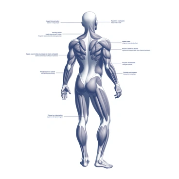 A detailed illustration of the human muscular system. The image depicts the entire body, showcasing the major muscle groups, including the biceps, triceps, pectorals, abdominals, quadriceps, and hamstrings. Each muscle is accurately represented in anatomical detail, showing their shapes and connections. Labels are clearly placed next to each muscle group in a legible font, providing specific names for easy identification. The background is plain to emphasize the muscular structure.