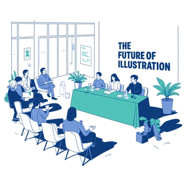 A panel discussion titled "The Future of Illustration" is taking place in a white NYC gallery. The gallery features large windows allowing natural light to flood the space, highlighting the artworks displayed on the walls. On the stage, there are four panelists sitting at a long teal table, each with a microphone in front of them. The panelists represent diverse backgrounds and styles, contributing to a lively conversation. The audience, seated in rows of white chairs, listens intently, with some taking notes. Behind the panelists, a large screen displays the title of the discussion in bold letters. A few potted plants are arranged around the gallery, adding a touch of greenery to the environment.