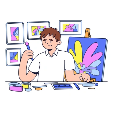 A portrait of Tony Green holding a paintbrush, surrounded by his artworks