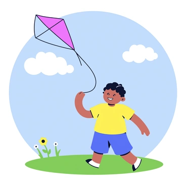 A colorful kite made from wire with a bright red tail. The kite is soaring in a clear blue sky dotted with fluffy white clouds. A child with a smiling face is holding the string of the kite, wearing a yellow t-shirt and blue shorts. The child stands in a grassy field with vibrant green grass and a few scattered wildflowers.