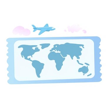 A sleek airplane ticket is prominently displayed, showcasing a detailed illustration of a world map in soft, gradient pastel colors. Above the map, a jet is soaring through the sky, its silhouette sharp against the gentle hues of the background. The ticket features a clean design, with borders highlighting the map and the jet, creating an inviting travel-themed composition.