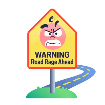 A large traffic sign features a yellow background with a frowning face illustrated in the center. The face has exaggerated features, including large, bulging eyes and a downturned mouth to emphasize the expression of anger. The sign is framed with red edges and includes a warning symbol. Below the face, text reads “Warning: Road Rage Ahead” in bold, black letters. The sign is planted firmly on a green grassy verge next to a winding road.