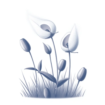 A cluster of milkweed plants with fluffy white seed pods. The pods are bursting open, releasing delicate tufts of white fluff into the air. The fluff is caught in a gentle breeze, drifting gracefully through the scene. There are a few green leaves visible on the milkweed plants, adding texture to the composition. The background features soft, muted outlines of distant plants and grass swaying lightly, indicating the presence of wind.