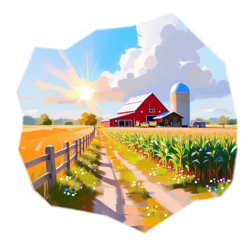 A farm scene under a bright blue sky filled with fluffy white clouds. Rows of green crops, including corn and wheat, stretch across the field, their leaves glistening in the sunlight. In the foreground, a weathered wooden fence borders the field. A red barn with a white roof is visible in the background, surrounded by patches of wildflowers. The sun casts a warm glow over the entire landscape, highlighting the vibrant colors of the crops and creating long shadows in the field. A dirt path leads through the scene, inviting the viewer into the thriving environment.