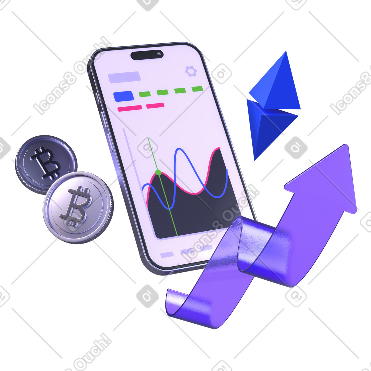 Cryptocurrency growth chart on a phone screen illustration in PNG, SVG