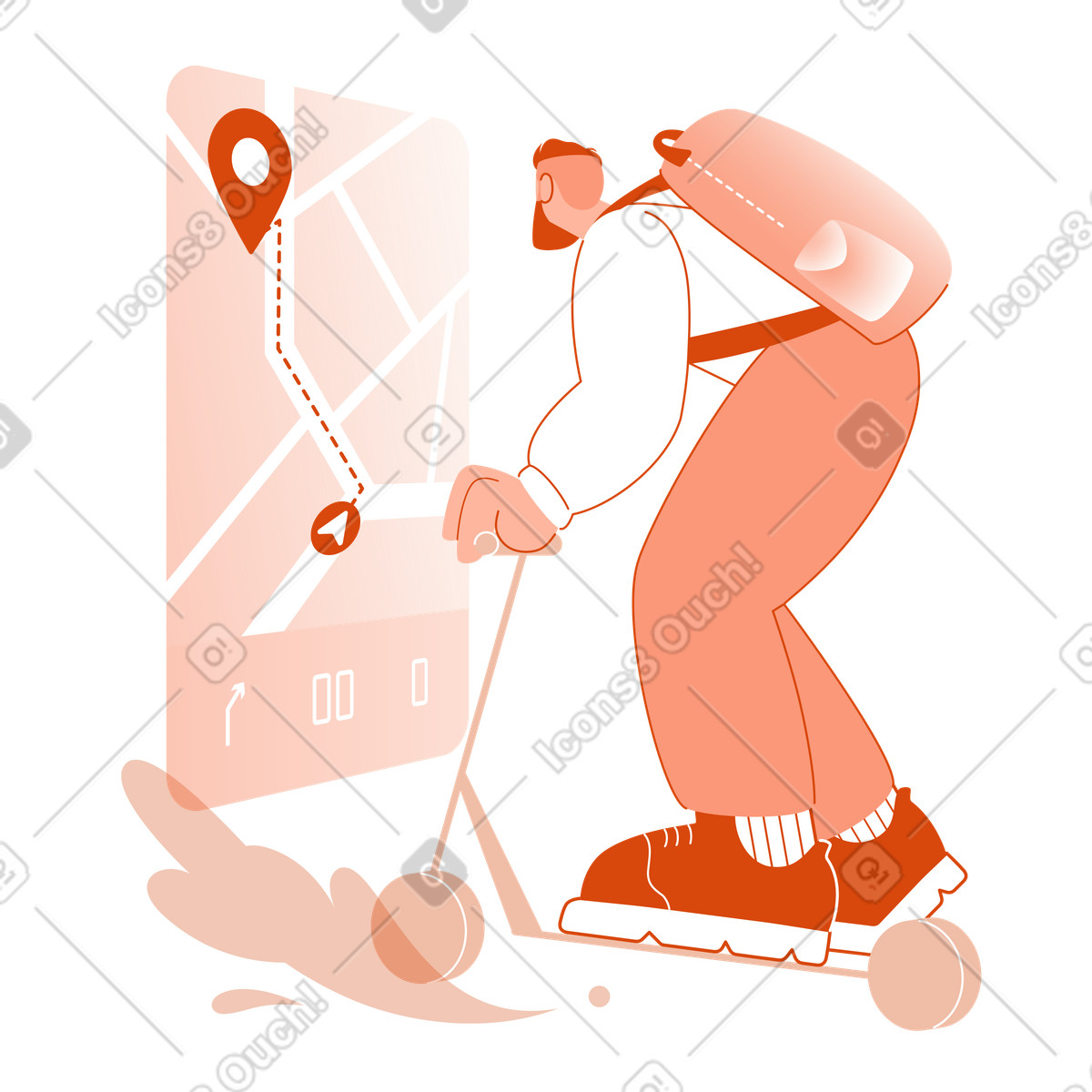 Riding kick scooter and using holographic map, Urban navigation transport-Illustration im Orange-Stil als Download in PNG, SVG
