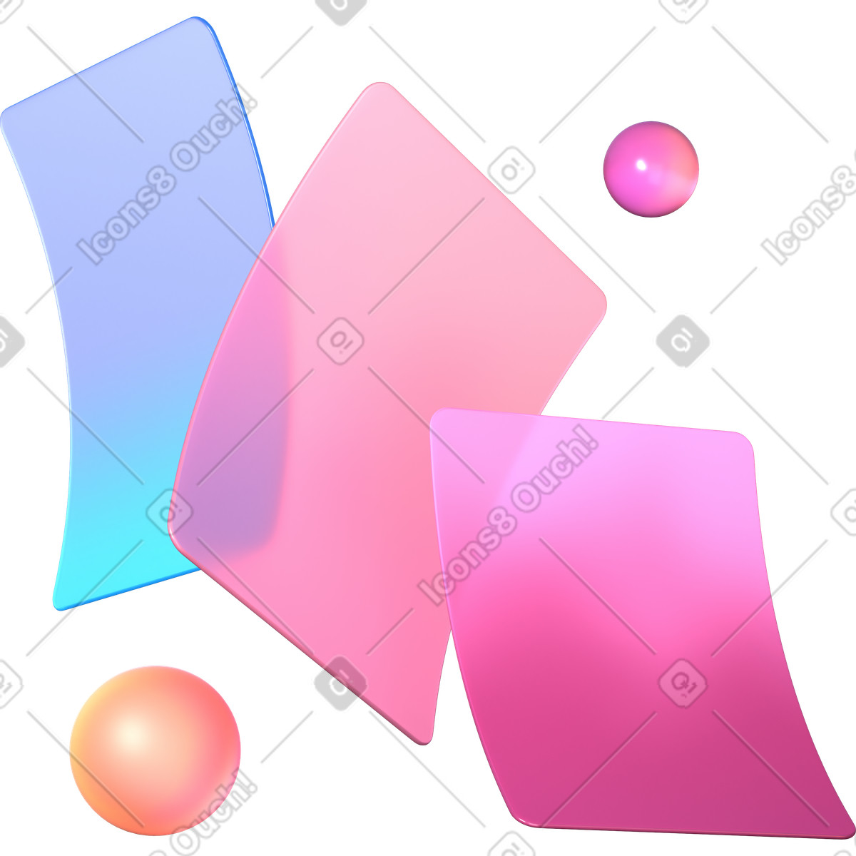 下载 3D Glassy 风格的 弯曲渐变卡和球体 插画，支持 PNG、SVG 格式