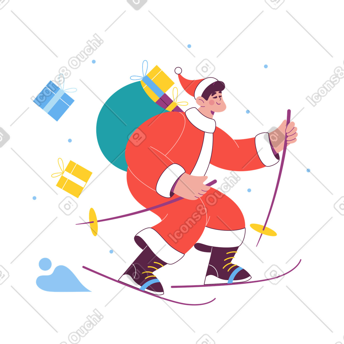 L'uomo di natale consegna i regali sugli sci illustrazione in stile Sammy scarica in PNG, SVG