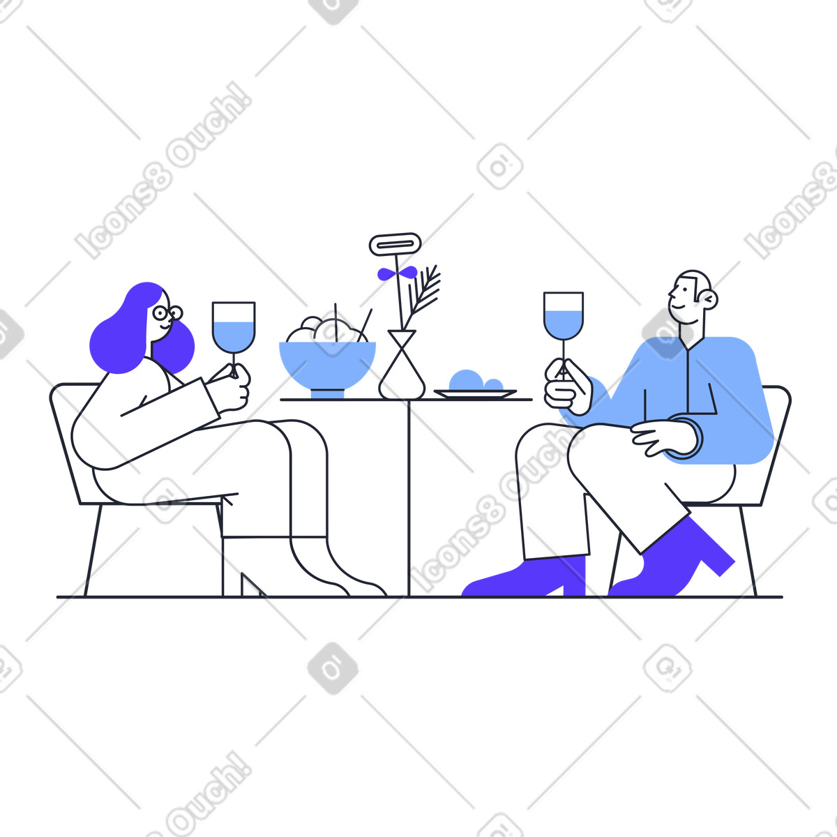 Couple drinking wine at a dinner date illustration in Pablita style download in PNG, SVG