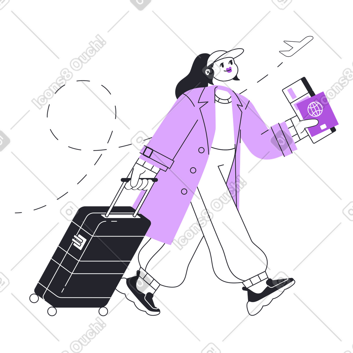 Grapy スタイルの Traveler walking with luggage, passport, and boarding pass, Flight international travel のアニメーションイラストをGIF、Lottie (JSON)、AEでダウンロード