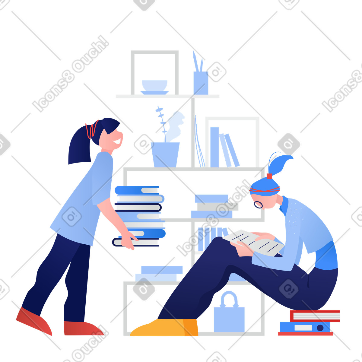 Illustration Students organizing and reading in study space, Academic productivity self learning dans le style Clip à télécharger aux formats PNG, SVG