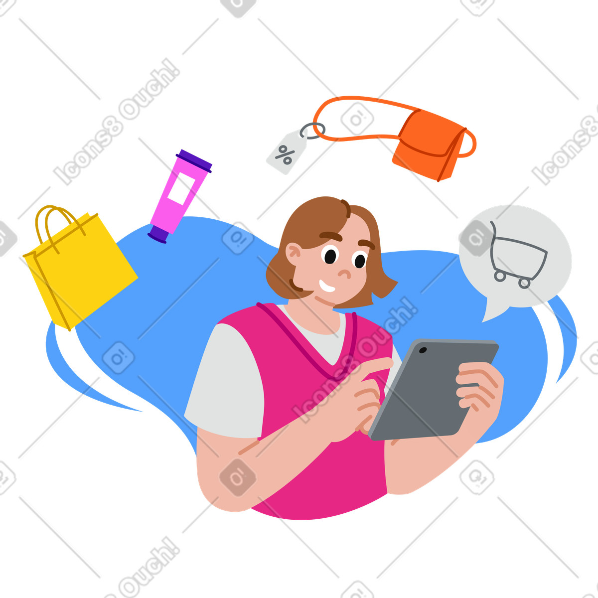 下载 Active 风格的 使用平板电脑在线购物的女性 动画插图，支持 GIF、Lottie （JSON）、AE 格式