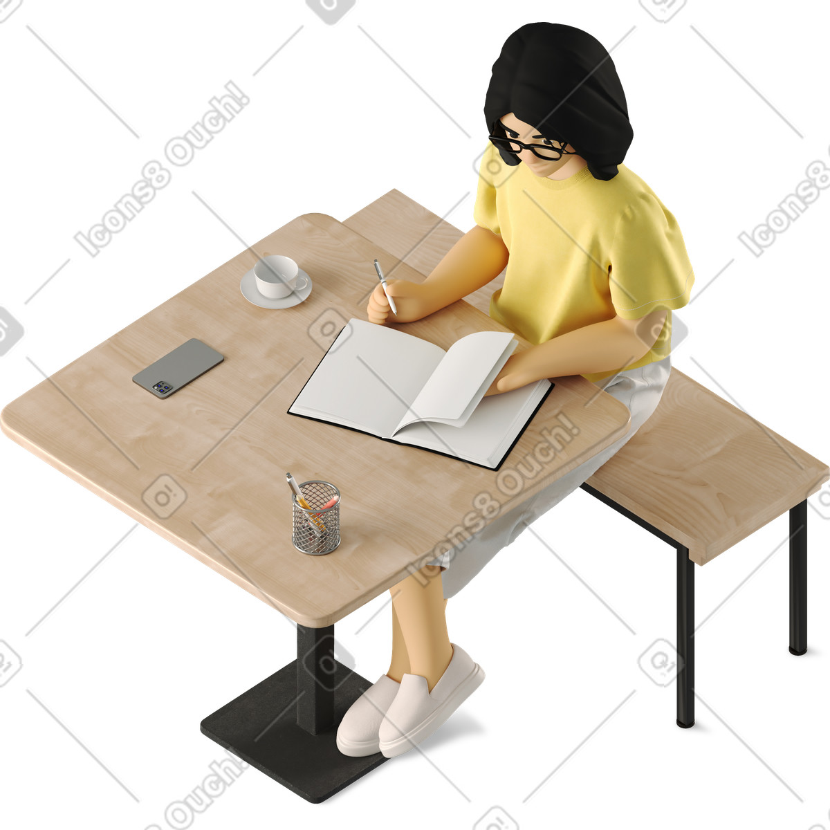 下载 3D Business 风格的 办公桌前拿着书的女人 插画，支持 PNG、SVG 格式