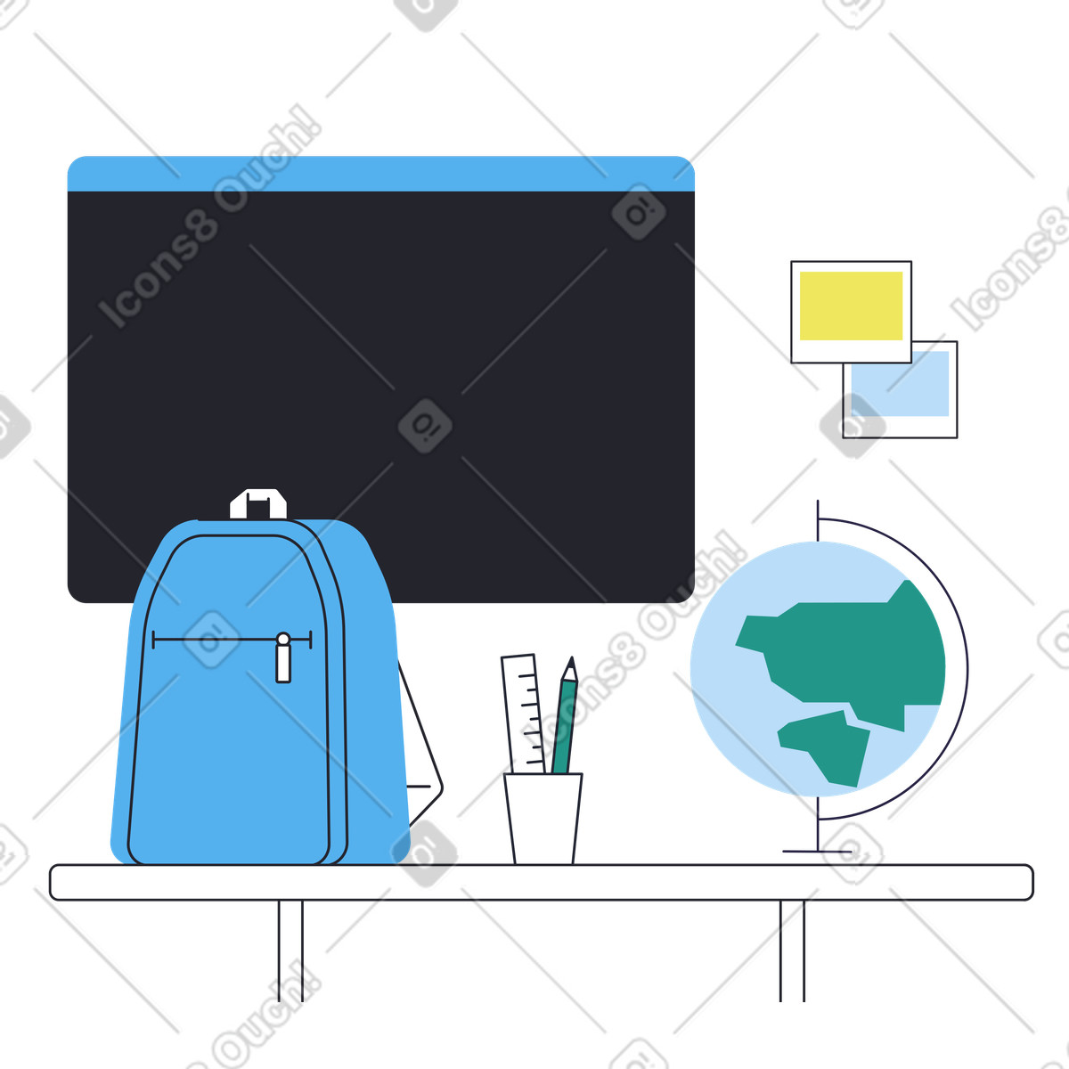 Ilustración Mochila escolar con papelería en el aula. estilo Boba a descargar PNG y SVG
