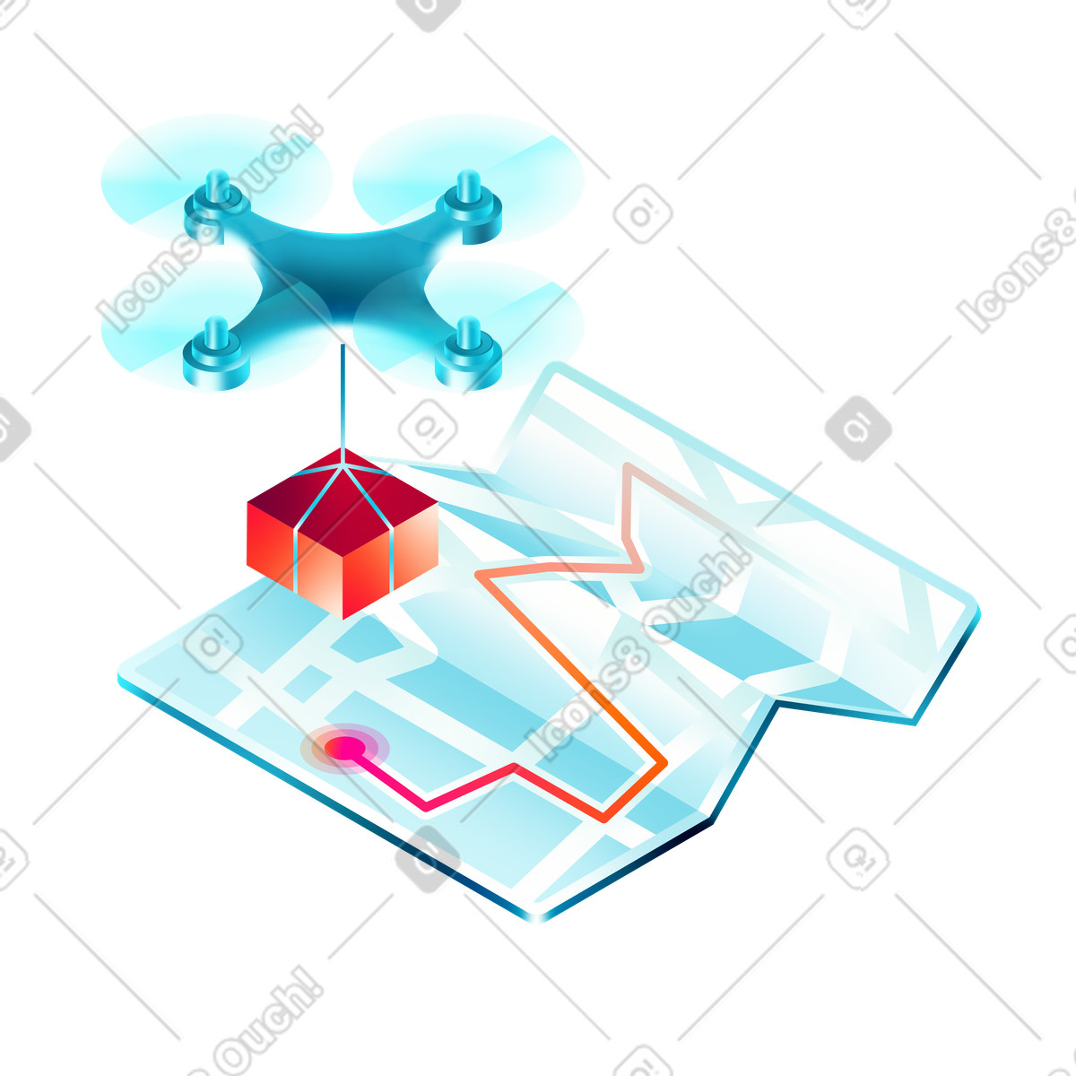 Tracking drone delivery on map illustration in PNG, SVG