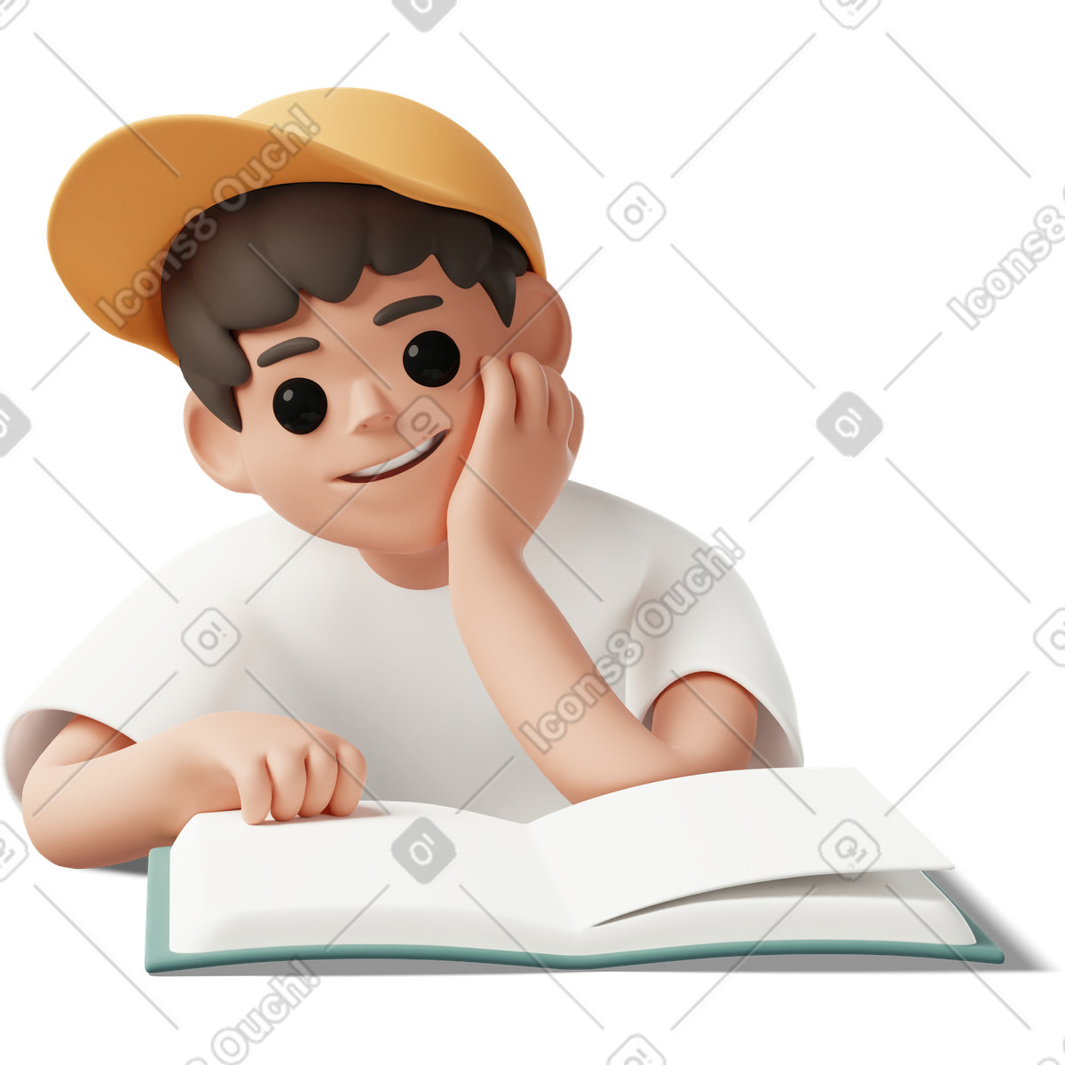 Ilustração de Kid reading open book at desk, homework and school activities em no estilo 3D Casual life para baixar em PNG, SVG