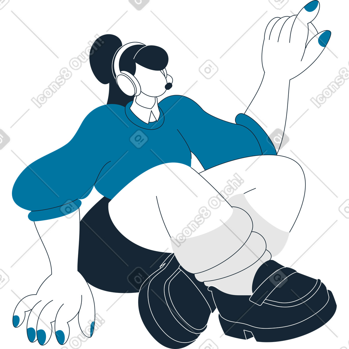 Frau im headset, die mit gekreuzten beinen sitzt und auf etwas zeigt-Illustration Indigo-Stil als Download in PNG, SVG