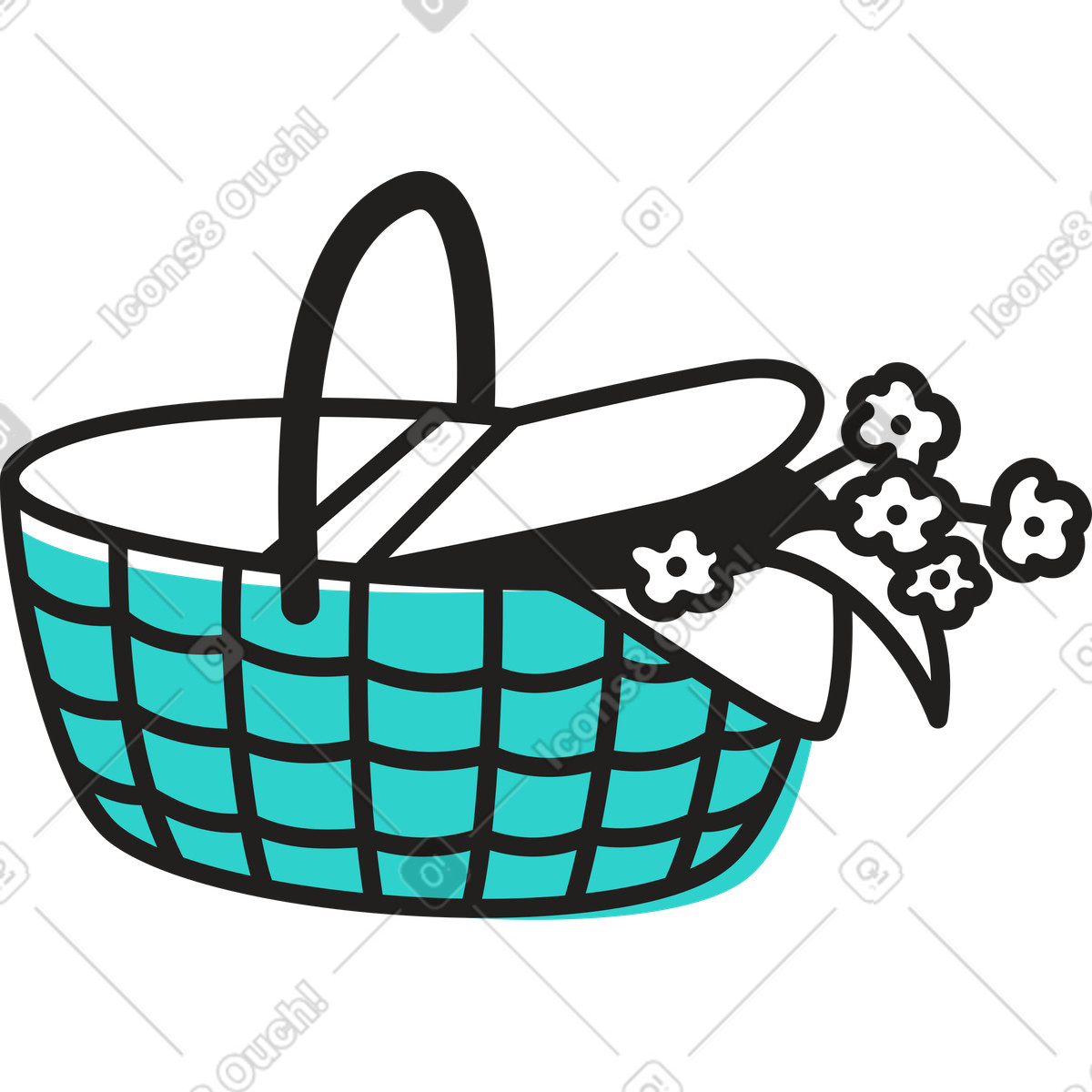 Ilustración Cesta de picnic con flores en estilo Little a descargar en PNG y SVG