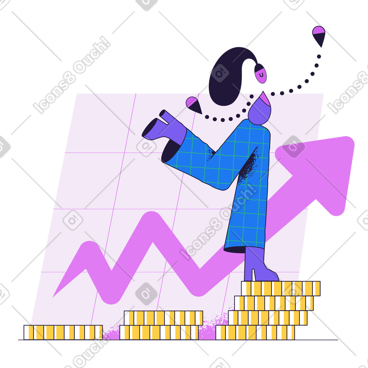Illustration Une femme grimpe sur des piles de pièces monnaie à mesure que son argent s'accumule dans le style Conifer télécharger aux formats PNG, SVG