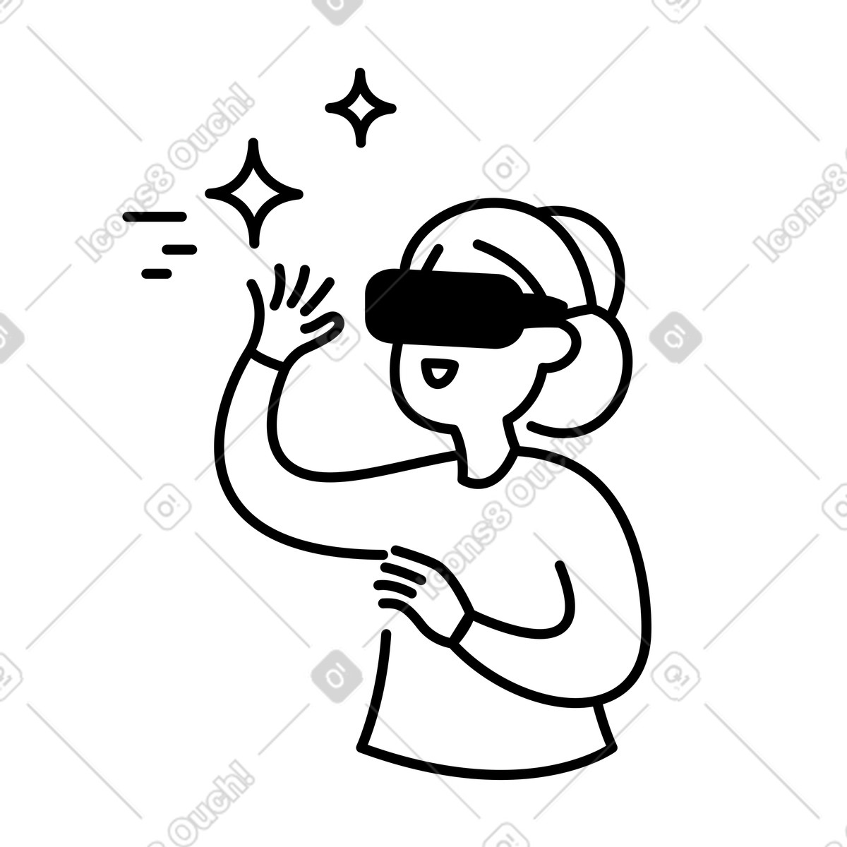 Ilustração de Headset virtual reality experience with excited user and sparkling effects em no estilo Notion Line Art para baixar em PNG, SVG