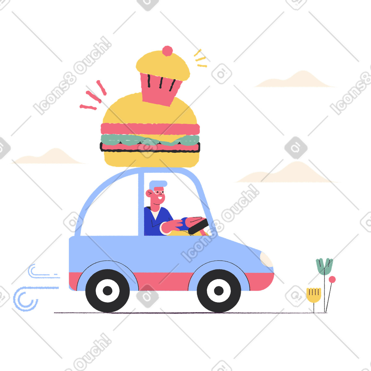 Illustration Livraison de nourriture sur le toit d'une voiture dans style Pablo à télécharger aux formats PNG, SVG