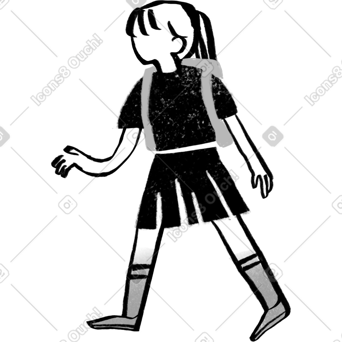 Black and white girl with blond ponytail walking backpack illustration in Company style download in PNG, SVG