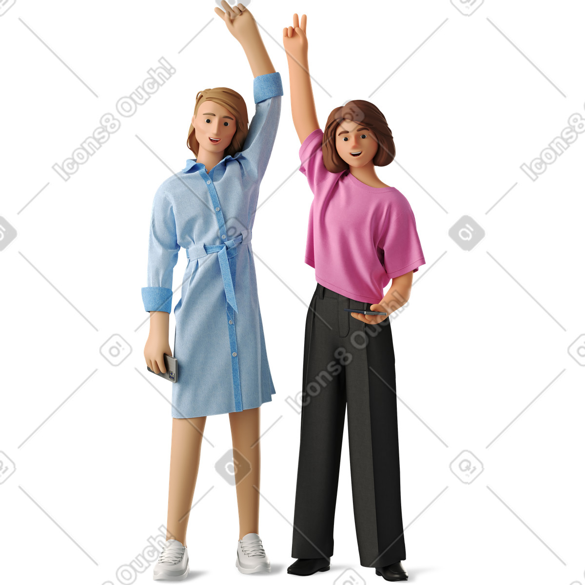 3D Business 스타일의 Two people showing a victory sign with their hand 일러스트레이션 PNG, SVG 다운로드