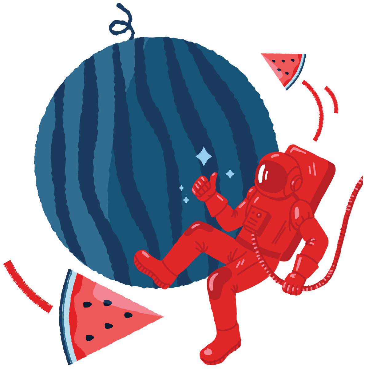An astronaut flying around the watermelon illustrazione in stile Cherry scarica in PNG, SVG