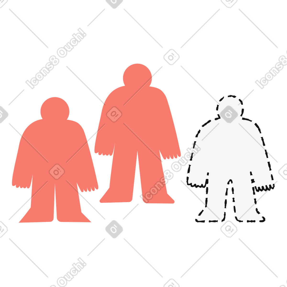 Ilustración Silhouette figures group with missing member outlined by dashed line en estilo Bold People a descargar en PNG y SVG