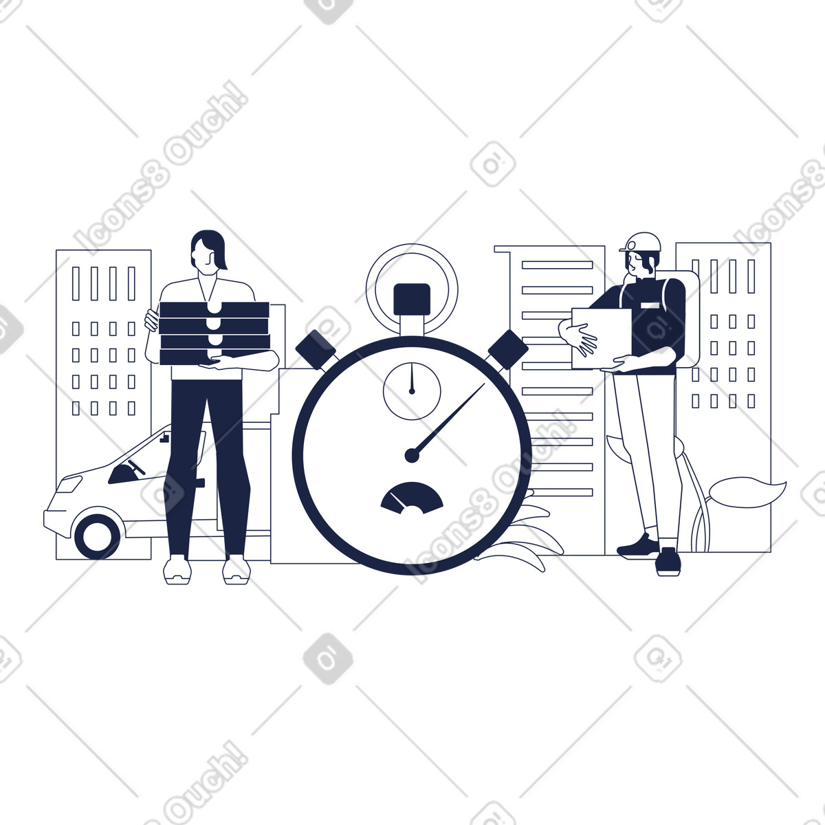 Ilustração de Urban delivery with stopwatch focus, Fast parcel service concept em no estilo Line para baixar em PNG, SVG