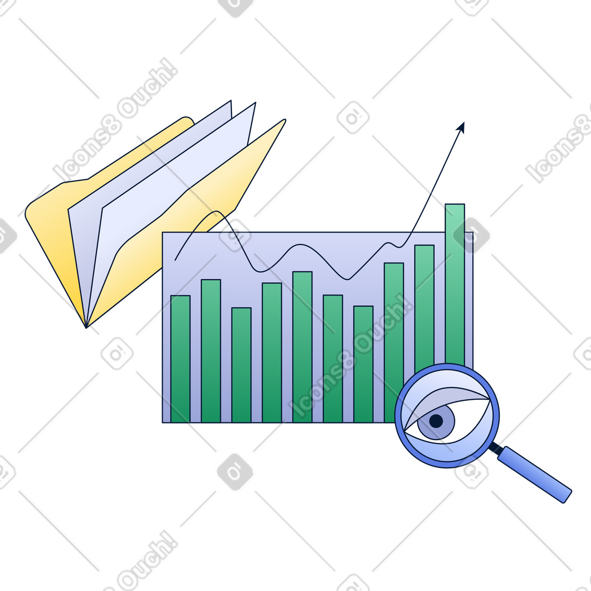 Analyzing growing chart with magnifying glass illustration in Neat style download in PNG, SVG