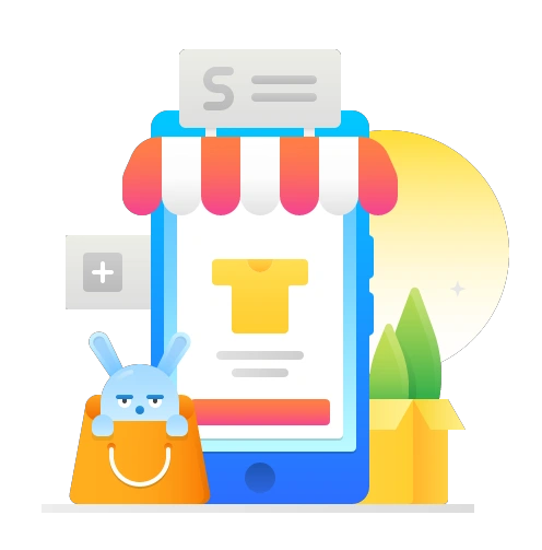 A smartphone with shopping elements and a bunny - Hugo style illustration