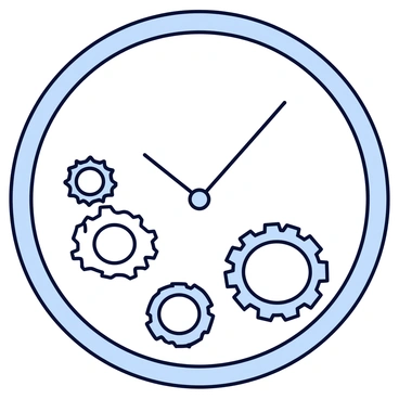 A large, intricate clock face with a circular design. The clock features multiple visible gears, each with distinct shapes and sizes, all turning in perfect synchronization. The gears are metallic with a shiny finish, reflecting light as they rotate. The clock's hands are elegantly designed, with the minute hand slightly longer than the hour hand. The background is a simple, solid color for contrast.