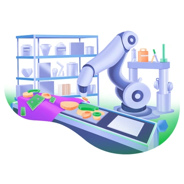 A modern pastel illustration of a robotic arm in a factory setting. The robotic arm is metallic and articulated, positioned above a conveyor belt. The conveyor belt is loaded with various parts, such as gears, circuit boards, and metal sheets. Surrounding the robotic arm are tools and mechanical components that reflect a high-tech environment. In the background, there are shelves filled with neatly organized parts and machinery, emphasizing a productive factory atmosphere.