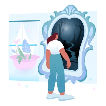 A person is standing in front of a large ornate mirror. The individual is dressed in a simple outfit and has a contemplative posture, with their hands resting at their sides. The room around them is bright and filled with soft, warm colors, decorated with pastel flowers and light fabric drapery. In stark contrast, the mirror reflects a darker and more mysterious scene, showcasing a shadowy forest with tangled branches and dimly lit pathways. The reflection captures a sense of depth and intrigue, creating a striking juxtaposition between the light-filled room and the darker, enigmatic environment in the mirror.