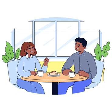 A casual meeting over fika, with two people engaged in conversation at a cafe table