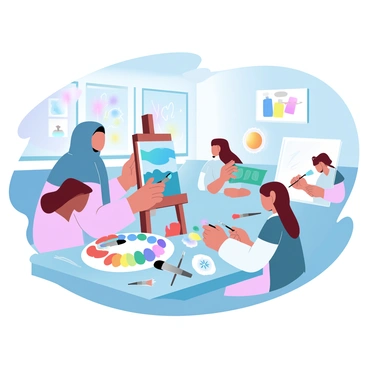 A Muslim girl wearing a colorful hijab is focused on painting a vibrant landscape on a canvas in an art class. She is surrounded by her classmates, each working on their own artistic projects. One classmate is using a palette of bright colors to create an abstract piece, while another is sketching a still life arrangement of flowers. The classroom is filled with art supplies, brushes, and various canvases scattered around, fostering a lively and creative atmosphere. In the background, there are colorful artworks displayed on the walls, adding to the artistic environment.