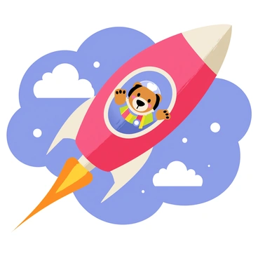 A cartoon rocket ship with a vibrant red body and a shiny silver nose cone is soaring through a bright blue sky filled with fluffy white clouds. The rocket has large, oval windows revealing a friendly bear inside. The bear is wearing a colorful space suit with a glossy helmet, and it has a big smile on its face. It is waving one paw excitedly from the window, while its other paw rests on the edge of the window frame. The rocket emits a trail of colorful smoke as it zooms through space, adding to the playful atmosphere of the scene.
