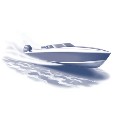 A sleek motorboat slicing through calm water at high speed. The boat features streamlined contours and a low profile, designed for aerodynamic efficiency. Water sprays up dynamically from the bow as it accelerates, creating a frothy wake behind it. The setting may include distant shoreline, visible in the background, with gentle waves reflecting the boat's motion. Sunlight glimmers off the water's surface, enhancing the sense of speed and movement.