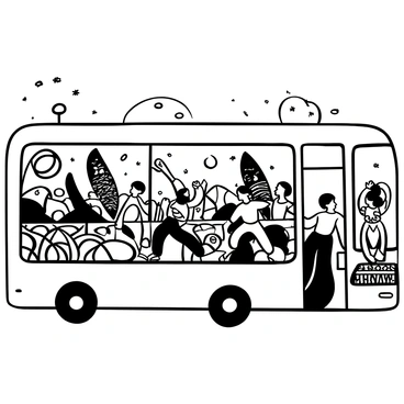 A bus window showing a vibrant parade outside. Elaborate floats are decorated with intricate patterns and raised banners. Dancers in elaborate costumes are performing energetically, with their arms raised and movements capturing the rhythm of the parade. Confetti and streamers fall gently through the air, adding to the festive atmosphere. The background features a cheering crowd, all engaged in the celebration, while the sun shines down on the colorful scene.