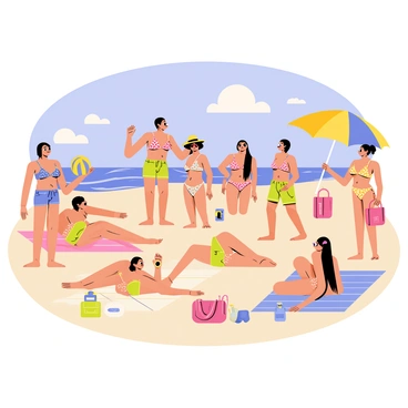 A beach scene featuring multiple individuals wearing colorful, trendy swimwear. Each person showcases a unique style, with vibrant patterns and designs. Some individuals are lounging on beach towels while others are playing beach volleyball. Various summer accessories are scattered around, including stylish sunglasses, wide-brimmed hats, and vibrant beach bags. In the background, there are sun umbrellas providing shade, and a clear blue sky overhead with a few fluffy white clouds. The ocean waves gently lap at the shore.