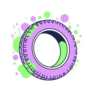 A bike tire is positioned prominently in the center of the image. The tire is detailed with textured rubber grooves and a metal rim. Surrounding the tire, there are vibrant paint splatters in various shapes and sizes, creating a dynamic contrast. The background is a large white canvas that emphasizes the colors of the paint splatters. The paint appears to be in shades of green and purple, splattered in an abstract manner, creating a sense of movement and creativity.