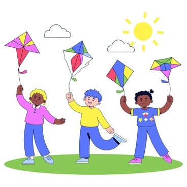 A group of children flying kites of various shapes and colors. Each child holds a different type of kite, including a star-shaped kite, a butterfly-shaped kite, and a traditional diamond-shaped kite. The kites are vibrant, featuring bright colors such as red, blue, yellow, and green. The sky is clear with a few fluffy white clouds, and the sun is shining brightly overhead. The children are standing in a green grassy field, their faces filled with joy and excitement.