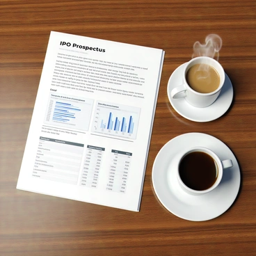 A detailed IPO prospectus document with several sections visible, including graphs and financial tables, is opened on a polished wooden table. The document has a white cover page featuring the text "IPO Prospectus" in bold letters. Next to the document, there is a white ceramic cup of coffee with steam rising, resting on a saucer. The table's wood grain is rich and warm, complementing the scene with a feeling of professionalism and focus.