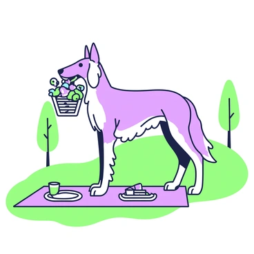 A borzoi stands elegantly on a grassy hillside, its long, slender body poised gracefully. It holds a wicker basket filled with an assortment of colorful flowers in its mouth. The flowers spill slightly over the edges of the basket, showcasing various shapes and sizes. The borzoi's silky fur billows slightly in the gentle breeze, with its gaze set forward. Around the dog, a picnic blanket is spread out, partially visible on the ground, adorned with a picnic setup that includes plates and cups. In the background, a few trees can be seen framing the scene, enhancing the outdoor ambiance.