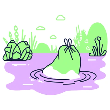 A plastic bag is floating slowly on the surface of a river. The river has gentle ripples creating a smooth flow, reflecting the surrounding scenery. The bag is partially submerged, with its edges rippling along the water. Various plants and reeds are visible along the riverbank, and the silhouettes of distant trees line the horizon. Soft shadows can be seen in the water, indicating the sunlight filtering through the leaves above. The overall scene captures a moment of stillness in nature.