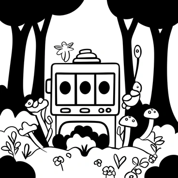 A slot machine with ornate designs, featuring three spinning reels, positioned prominently among tall trees in an enchanted forest. Surrounding the slot machine are glowing mushrooms with varied shapes and sizes, illuminating the area with soft light. Magical creatures, such as fairies with delicate wings and small mythical creatures, are scattered throughout the scene, interacting playfully with the environment. The ground is covered with lush greenery and clusters of wildflowers, adding to the enchanting atmosphere.
