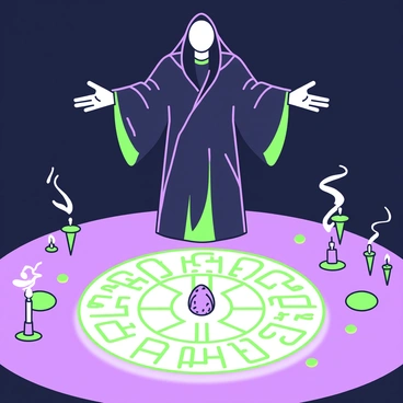 A dimly lit scene depicting a mysterious summoning ritual. In the center, there is an intricate circle of glowing runes etched into the ground, radiating a soft light. Surrounding the circle are various mystical artifacts, such as a crystal orb and several candles placed at equal distances from each other. Above the circle, a figure cloaked in dark robes stands with arms outstretched, casting a shadow on the ground. The figure's face is partially obscured by a hood, adding to the enigmatic atmosphere. Wisps of smoke rise from the candles, intertwining and swirling around the runes.