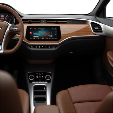 A luxurious car dashboard designed with sleek curves and high-end materials. The dashboard features a rich wood grain finish paired with brushed aluminum accents. Detailed buttons in a glossy black finish are strategically placed, each with illuminated symbols. A large, high-resolution touchscreen display is centrally located, showcasing vibrant graphics and intuitive controls. The dashboard is complemented by plush leather upholstery, with ambient lighting subtly highlighting its contours. A stylish steering wheel with a leather grip is visible, adding to the opulent feel of the interior.